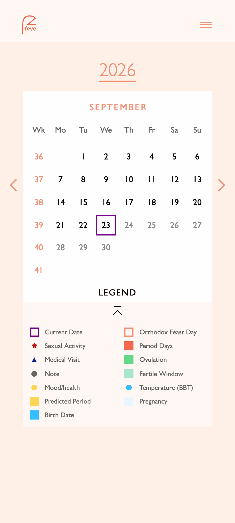 Feve ovulation tracking calendar showing the fertile window